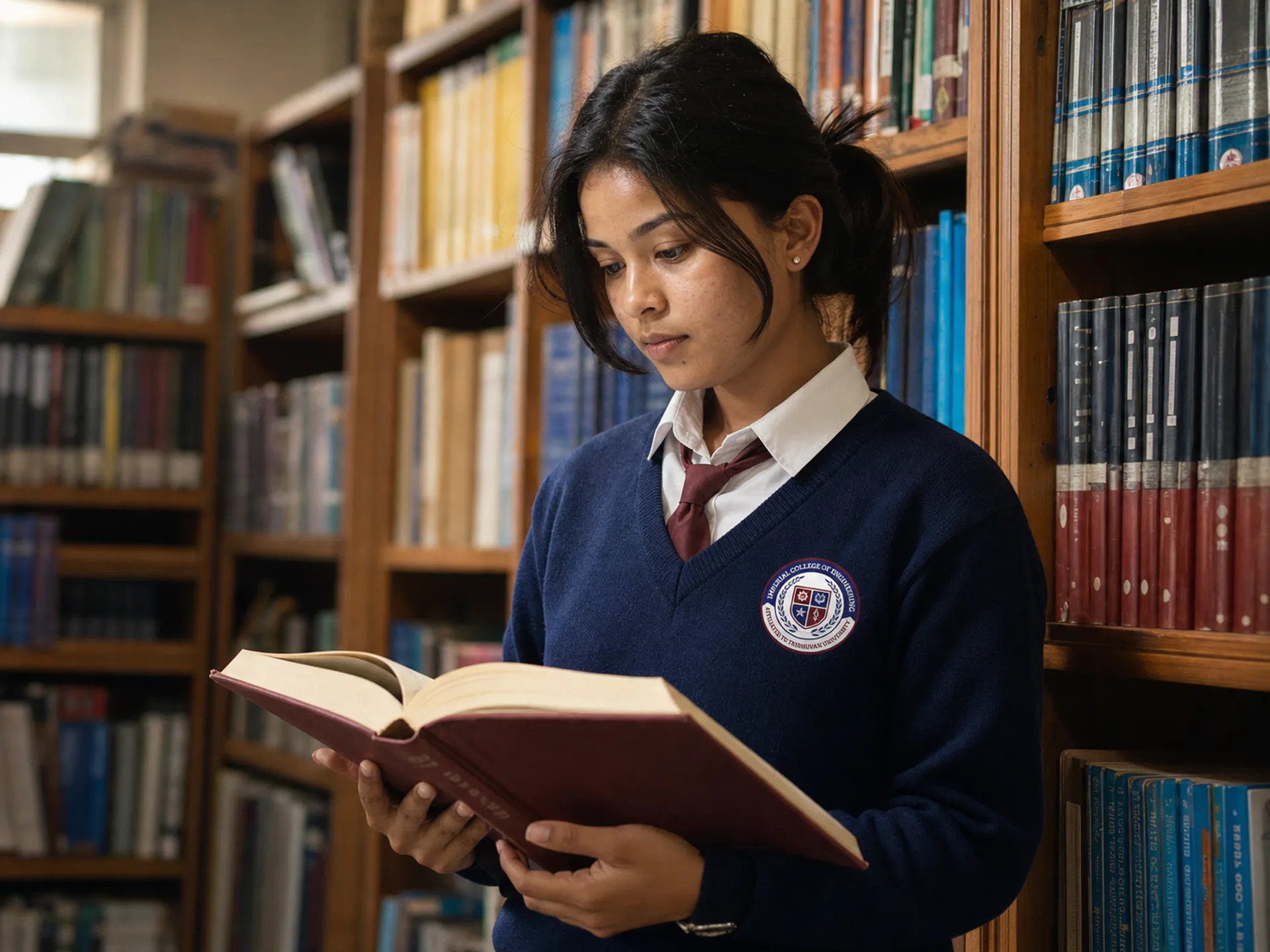 A student reading beside shelves of books in the college library